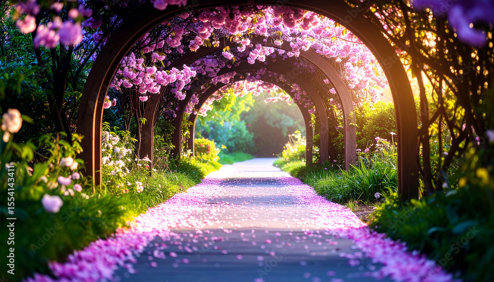 Obraz premium Sunlit path through a floral archway, pink petals strewn along the way, lush greenery abounds, creating a romantic, spring ambiance