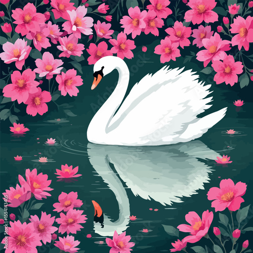 Vsai white swan swimming in a pond surrounded by pink flowers