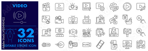 Video outline icon set. projector, camera, Cinema, media, film, viewer, Live, Play, Online Video, video, editing and Editable Stroke Icon