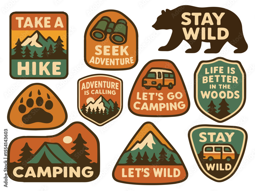 Outdoor adventure badge set featuring camping quotes and forest illustrations. Perfect for t-shirt designs, stickers, travel gear, or hiking-themed merchandise.