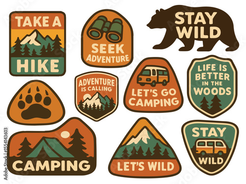 Outdoor adventure badge set featuring camping quotes and forest illustrations. Perfect for t-shirt designs, stickers, travel gear, or hiking-themed merchandise.