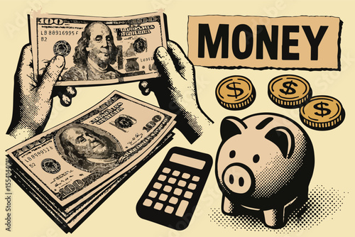 Money concept art collage cut outs set. Paper clippings, hands holding 100 dollar bills, cash, golden coins, piggy bank, calculator. Modern retro mixed media vector illustration