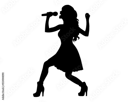 Silhouette of female singer singing, isolated icon on white background.	
