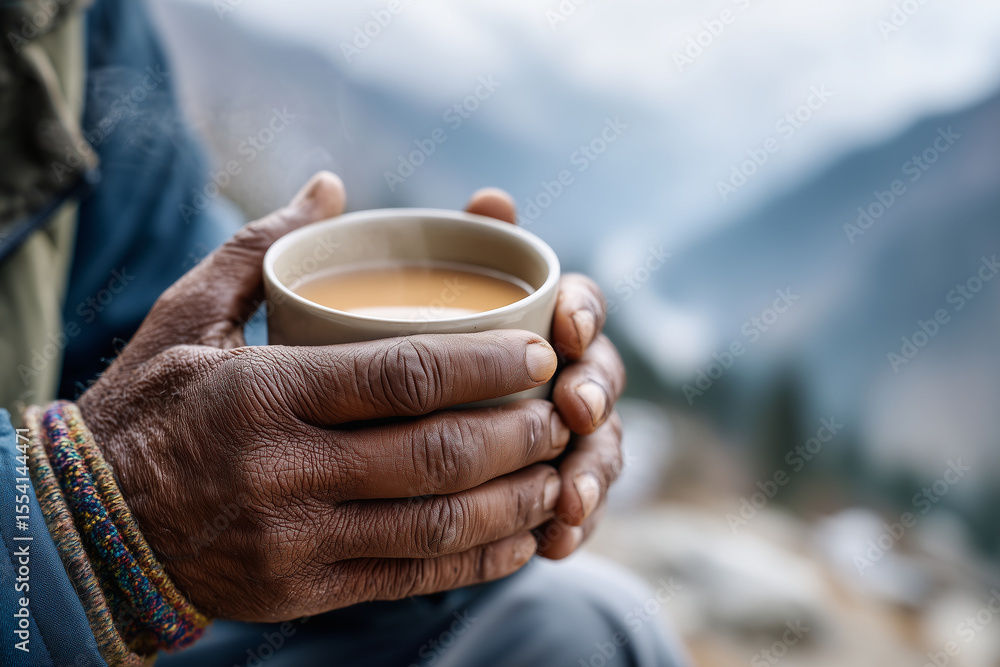 Kashmir scene, close-up of hands holding a hot cup of tea with misty mountains in the background, Kashmir scene, close-up of hands holding a hot cup of tea with misty mountains in the background,