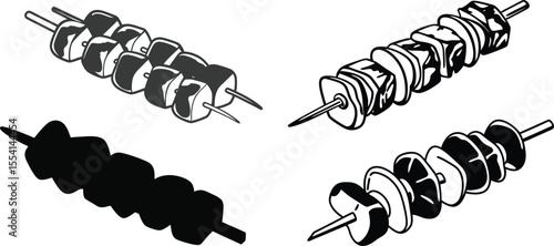 Kebab Skewer Silhouette Vector Illustration Isolated on White Background.