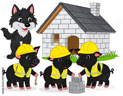 Three little pigs building a house