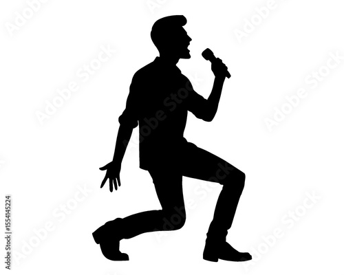 Silhouette of male singer singing, isolated icon on white background.	