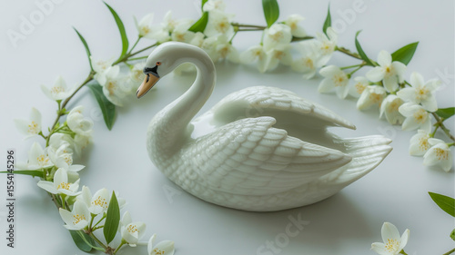 Wallpaper Mural A white porcelain swan figurine photographed on a pure white background, surrounded by delicate white jasmine flowers and fresh green leaves. Torontodigital.ca