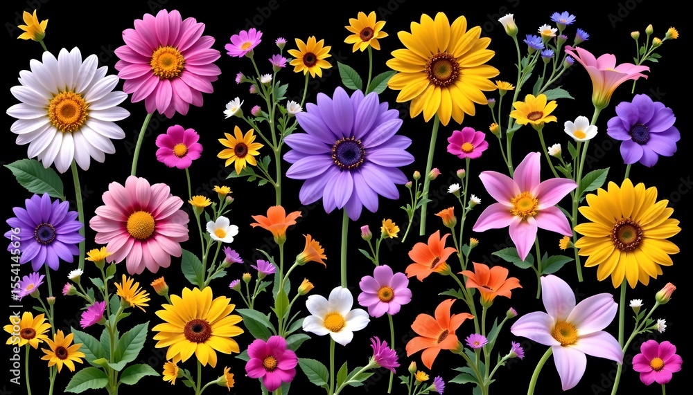 Fototapeta premium the image is a vibrant collage of various flowers against a dark background, there are several types of flowers visible, including large daisies, small wildflowers