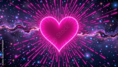 the image features a vibrant heart shaped graphic set against an interstellar backdrop, the heart is posed of numerous pink streaks that radiate from the center, creating a warm