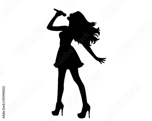 Silhouette of female singer singing, isolated icon on white background.	