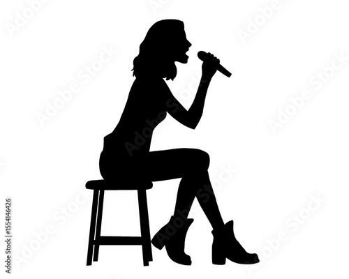 Silhouette of female singer singing, isolated icon on white background.	