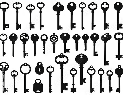 Vector silhouette collection of various keys and keyholes, black solid shape