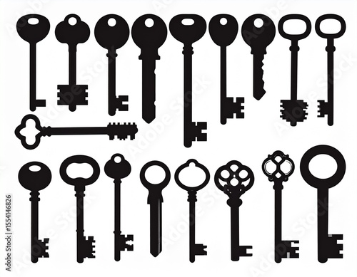 Vector silhouette collection of various keys and keyholes, black solid shape