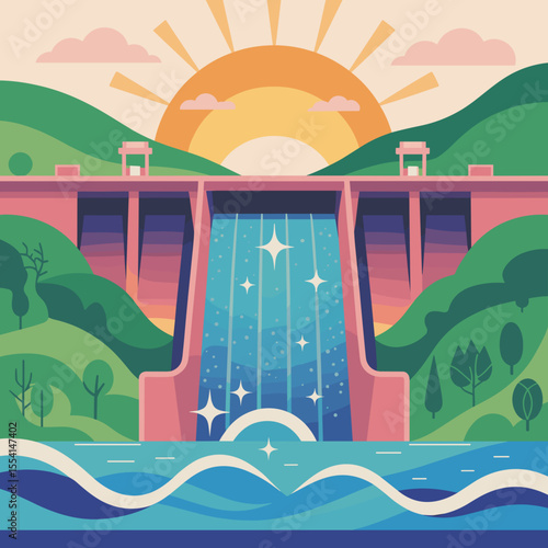 Colorful Hydroelectric Dam Landscape Illustration
