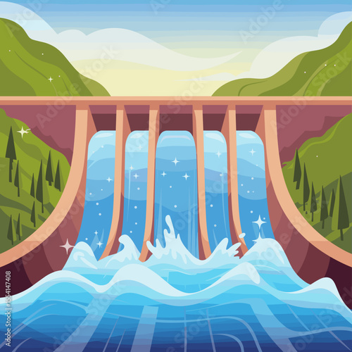 Colorful Hydroelectric Dam Landscape Illustration