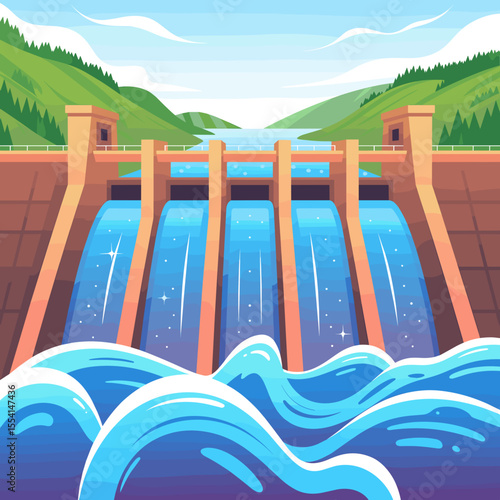 Colorful Hydroelectric Dam Landscape Illustration