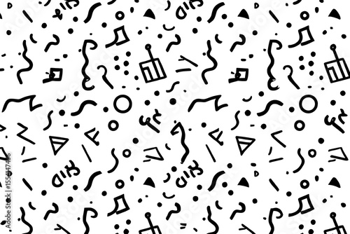 Abstract black and white hand drawn shapes and dots seamless pattern background