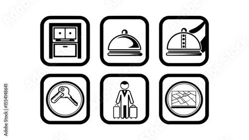 "Create a minimalist hotel web icon set in thin line style, including icons for reception, room key, bellhop, room service, and concierge."