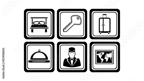 "Create a minimalist hotel web icon set in thin line style, including icons for reception, room key, bellhop, room service, and concierge."