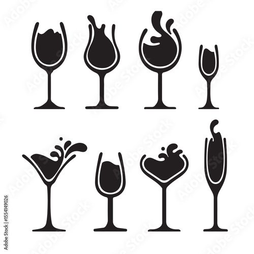 Set of silhouette wine splash glass. Set of wine, champagne, martini and cocktail glass. Splash silhouette drink. Black and white
