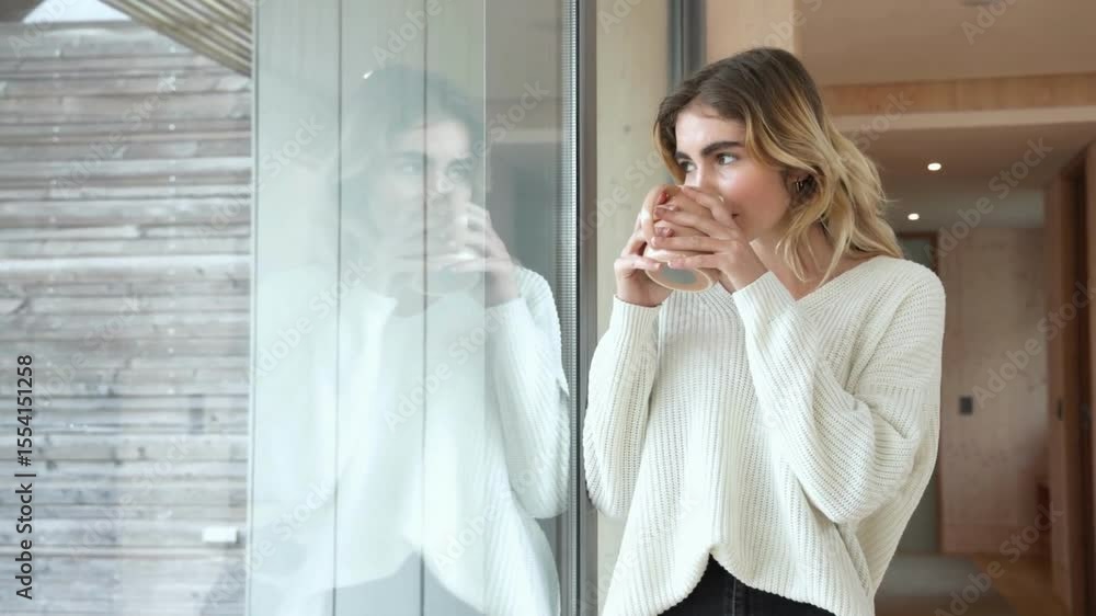Woman enjoying a Drink by a Window Woman enjoying a Drink by a Window