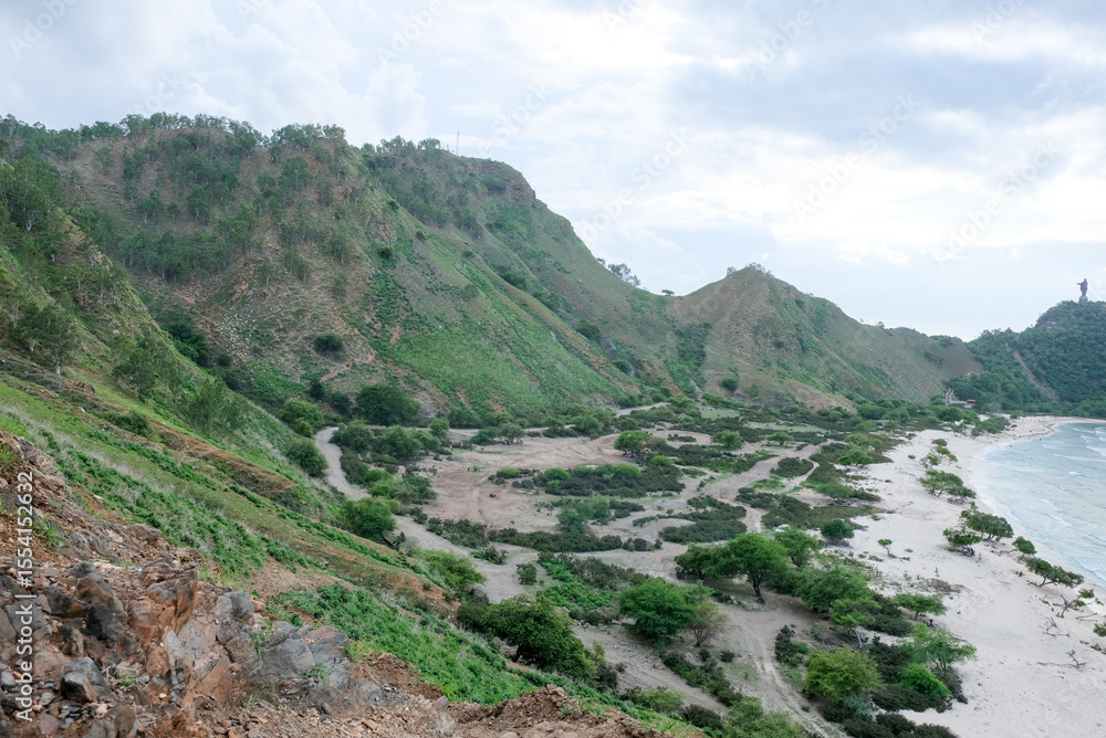 Fototapeta premium Beautiful view of Cristo Rei hills at Dili, Timor Leste. Aerial view of tropical beach.
