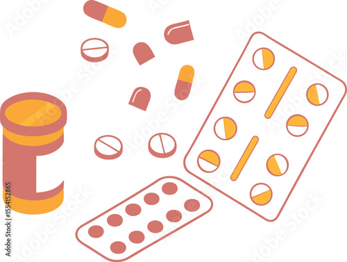 Colorful Medicine Illustration with Pills, Bottles, and Blister Packs on Soft Blue Background