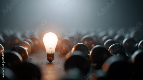 Single lit light bulb stands out among many unlit bulbs, symbolizing creativity