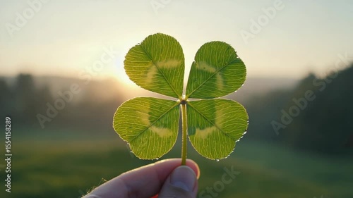 A hand holding a vibrant four-leaf clover against blurred green, symbolizing luck, fortune, and natural beauty. Ideal for nature or motivational themes.