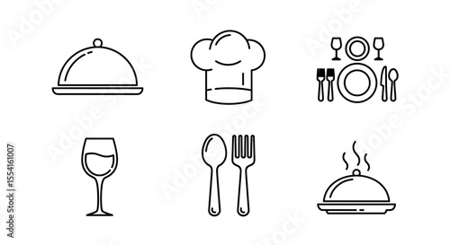 Culinary icons depicting chef hat, covered dishes, wine glass and place setting arrangement design