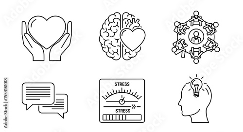 Collection of line art icons depicting mental health, teamwork, and emotional intelligence topics