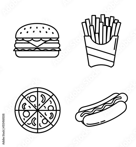 Outlined burger french fries pizza and hot dog presented in a clear and concise arrangement style image