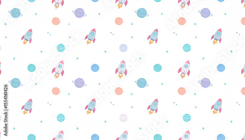 A repeating pattern of pastel rockets and planets on a white background; a playful space-themed design ideal for children's products