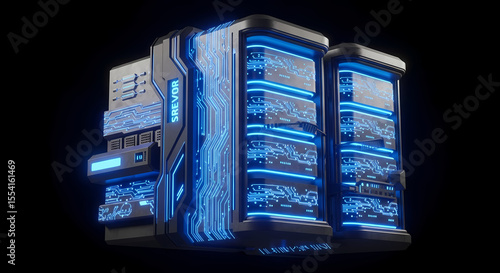 Futuristic server rack with glowing blue lights and intricate circuit board details against a dark background.