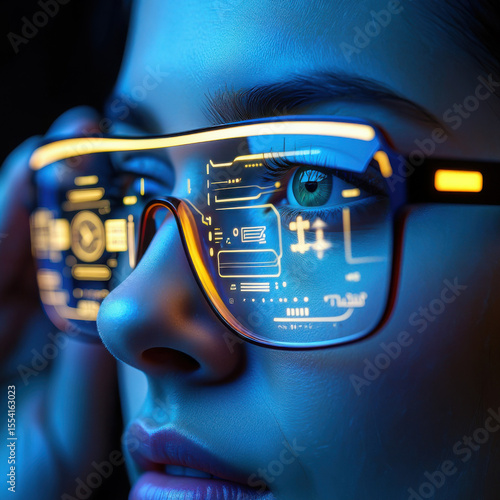 Woman Futuristic Glasses AR HUD Interface.