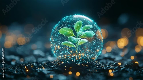 Technology and nature concept.A young green plant is encased in a glowing, digital sphere, symbolizing protection and technology in nature.