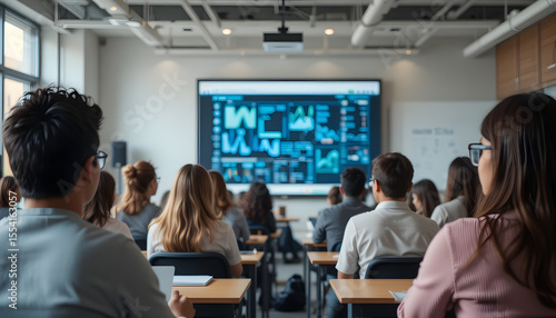 Students or Professionals in Modern Classroom with Digital Display