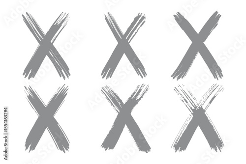 Crossed Out: A collection of hand-drawn 'X' marks in shades of gray, each with unique brushstroke texture and form. These marks represent cancellation, errors, or negation.