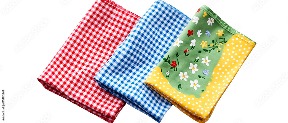 Fototapeta premium Three colorful fabric napkins with checkered and floral designs arranged on a transparent background create a warm and inviting feeling.