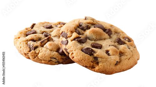 two chocolate chip cookies on a white surface