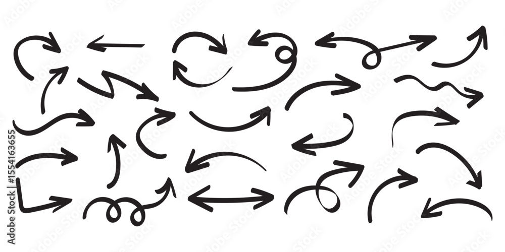 Naklejka premium Arrows hand drawn doodle icons set. Curved cartoon arrows sketches collection. Flat and thin pointers illustrations. Scribble swirl arrow signs.