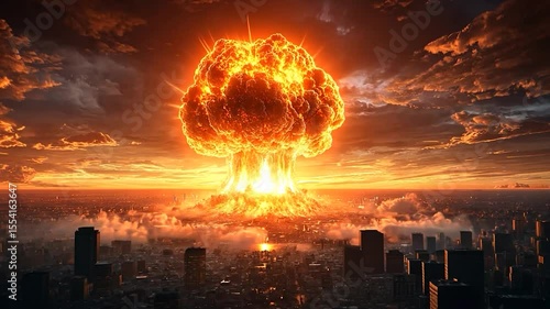Nuclear explosion over city at sunset. (1)