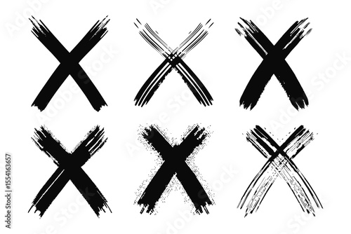 X Marks the Spot: Graphic array of six hand-painted "X" marks, each bearing a distinct brushstroke texture, suggesting decisions, errors, or a decisive selection. 