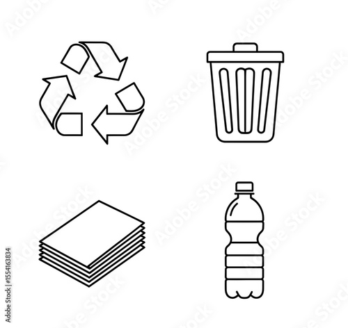 Outline drawing featuring a recycle symbol, trash bin, stack of papers, and a plastic bottle icon set