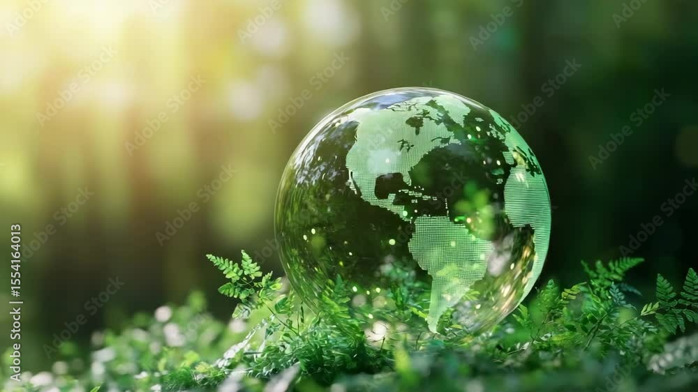 Technology and nature concept.A glass globe with a digital map design rests among green leaves in a sunlit forest environment. Technology and nature concept.A glass globe with a digital map design rests among green leaves in a sunlit forest environment.