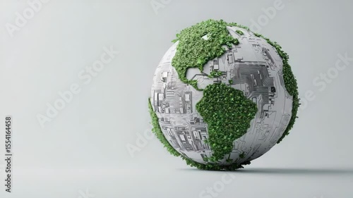 Technology and nature concept.A globe combining circuit board patterns and green foliage, symbolizing the intersection of technology and environmental sustainability.