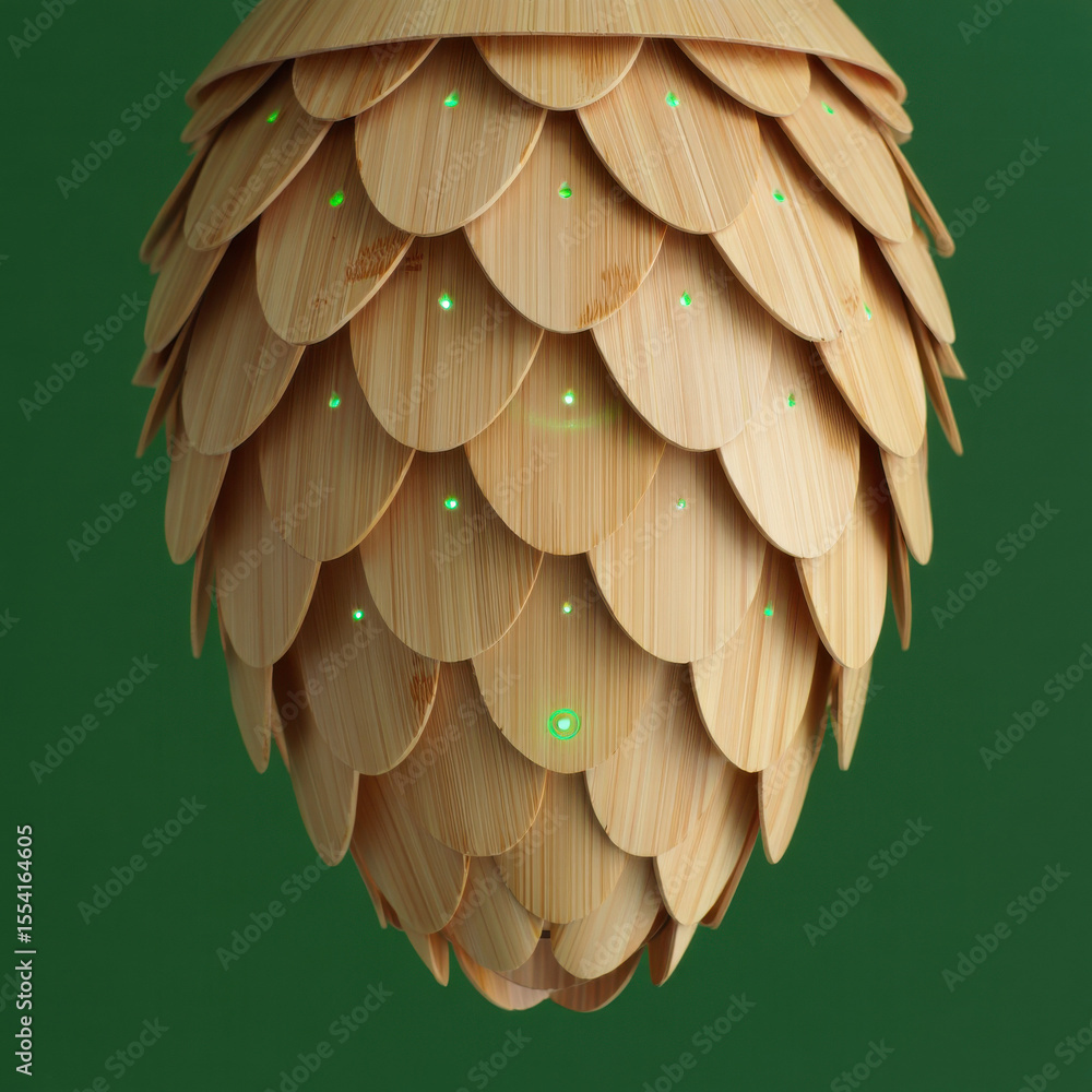 Fototapeta premium Wooden Pine Cone Lamp with Green Background, and 3D Render.