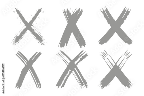 "Marked Choices: A collection of six hand-drawn 'X' symbols, each exuding a unique texture and style, representing rejection, error, or a deliberate selection in a conceptual, graphic design.