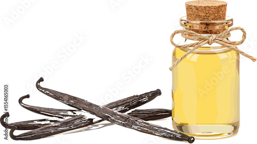 Natural vanilla extract in glass bottle with cork, surrounded by fresh vanilla beans, perfect for baking, cooking, aromatherapy, organic ingredients, flavor essence, culinary inspiration